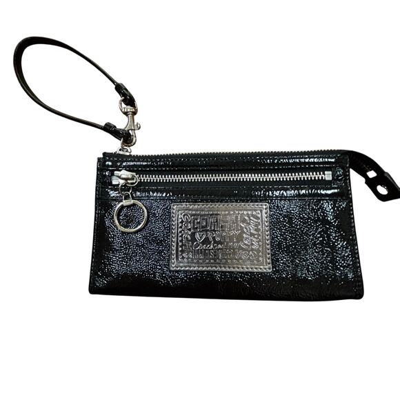 Coach Poppy Wristlet black pebbled & patent leather purse wallet clutch top zip - Picture 1 of 11